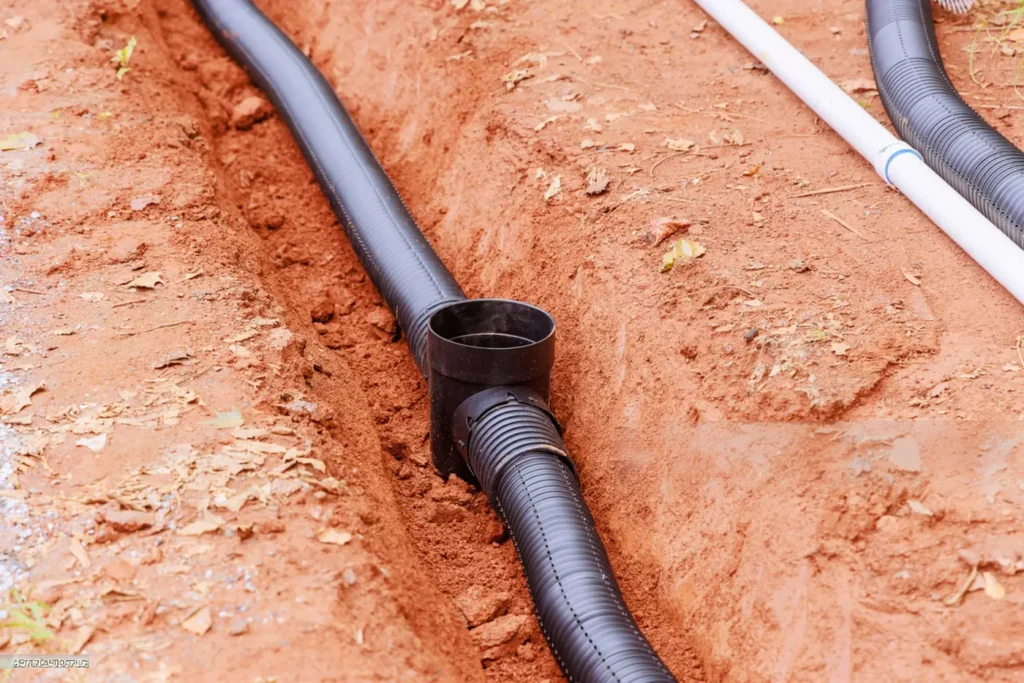 Corrugated drainage pipe and junction fitting installed in a soil trench