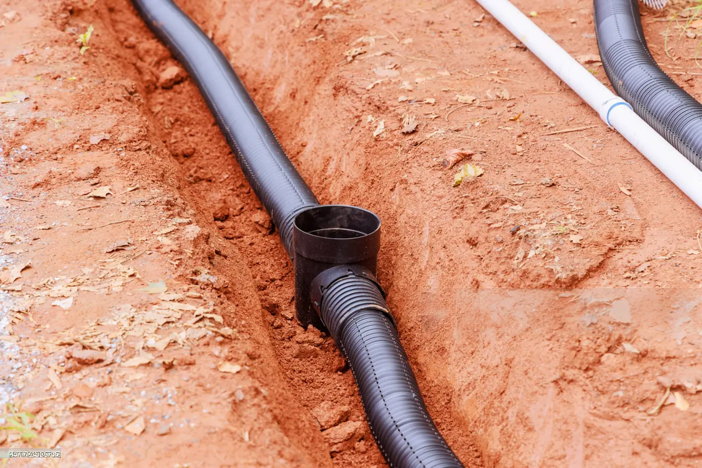 Corrugated drainage pipe and junction fitting installed in a soil trench